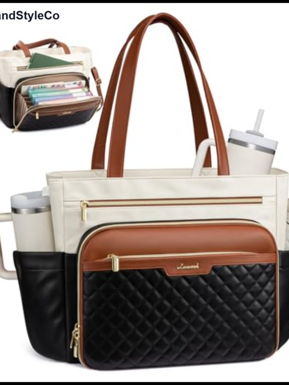 Quilted Laptop Tote Bag Accordion File Pocket Work Briefcase Large Cup Holder
